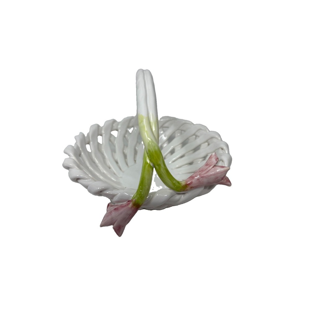 White Ceramic Lattice Basket Weave Tulips Cottagecore Farmhouse Decor